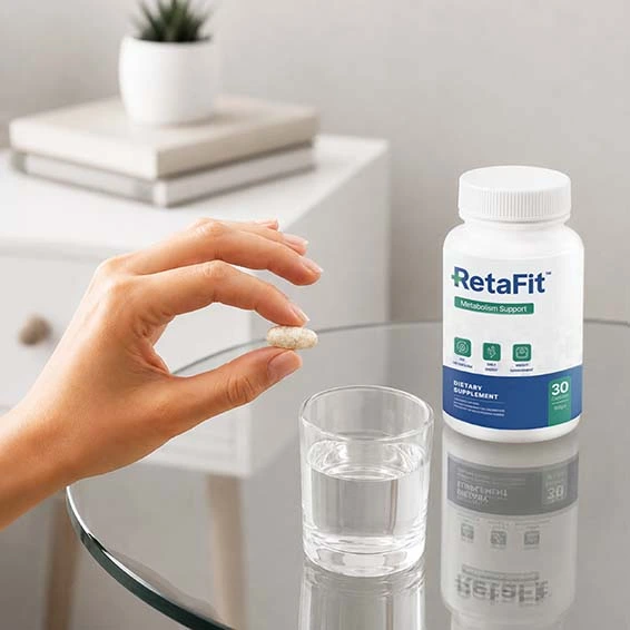 Tag en RetaFit kapsel med et glas vand